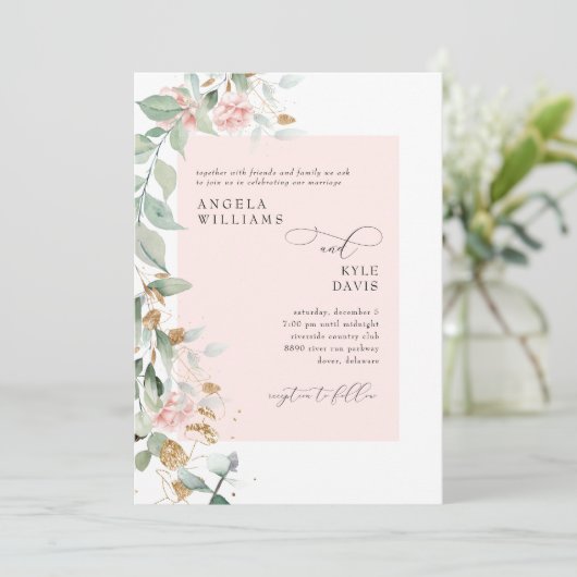 Roze Rose Eucalyptus Weddenschap Kaart (Staand voorkant)