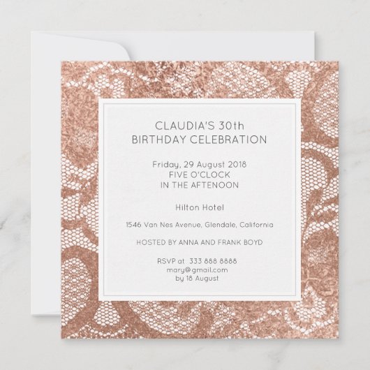 Roze Rose Faux Gold Powder Lace Birthday Party Kaart (Voorkant)