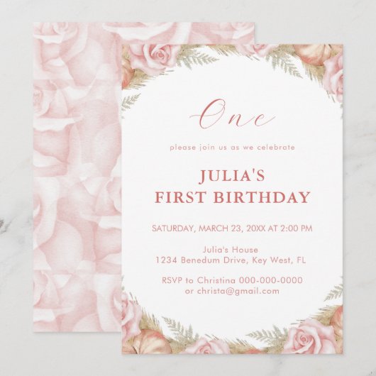 Roze Rose First Birthday Kaart (Voorkant / Achterkant)