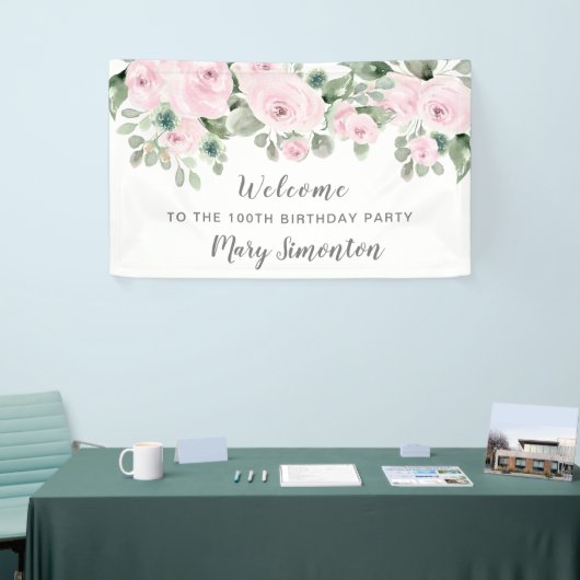Roze Rose Floral 100 Birthday Party Welcome Spandoek (Beurs)