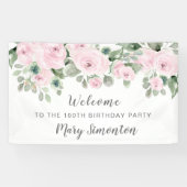 Roze Rose Floral 100 Birthday Party Welcome Spandoek (Horizontaal)