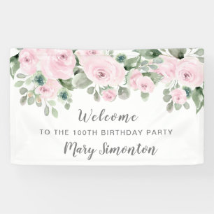 Roze Rose Floral 100 Birthday Party Welcome Spandoek