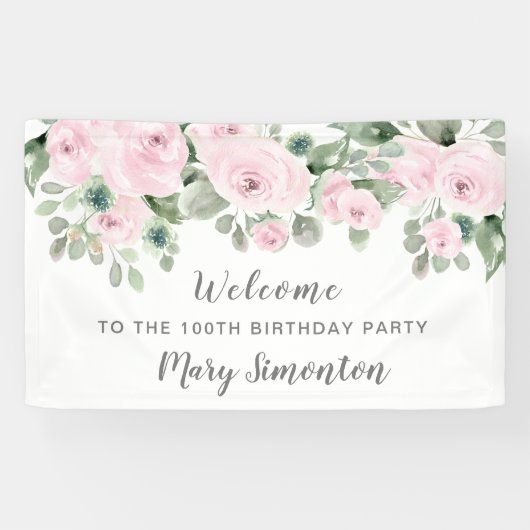 Roze Rose Floral 100 Birthday Party Welcome Spandoek
