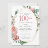 Roze Rose Floral 100th Birthday Party Kaart (Voorkant)