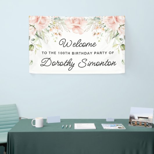Roze Rose Floral 100th Birthday Party Welcome Spandoek (Beurs)