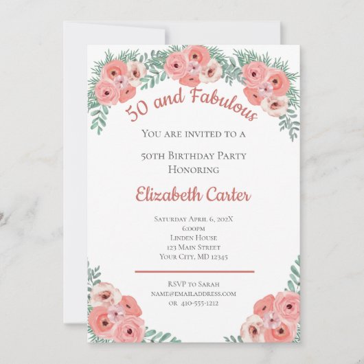 Roze Rose Floral 50 en Fabulous Birthday (Voorkant)