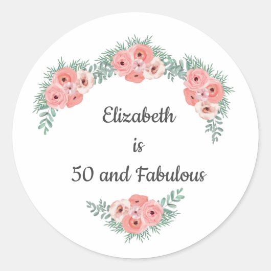 Roze Rose Floral 50 en Fabulous Birthday Ronde Sticker (Voorkant)