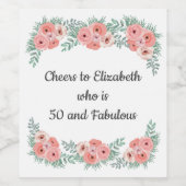 Roze Rose Floral 50 en Fabulous Birthday Wijn Etiket (Enkel label)