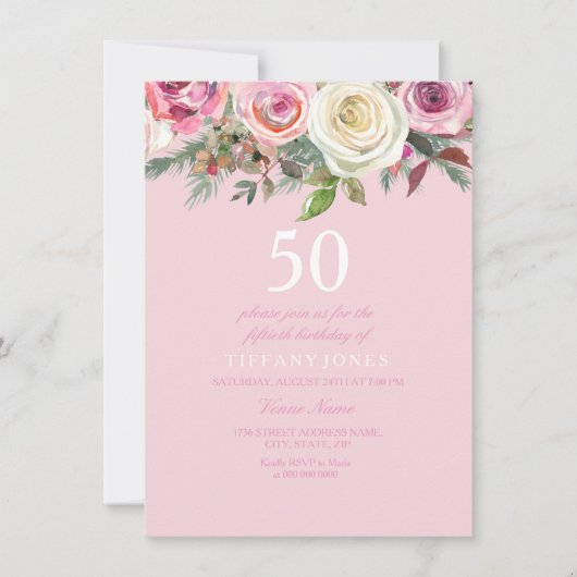  Roze Rose Floral 50th Birthday Invite Kaart (Voorkant)
