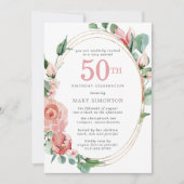 Roze Rose Floral 50th Birthday Party Kaart (Voorkant)