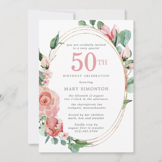 Roze Rose Floral 50th Birthday Party Kaart (Voorkant)