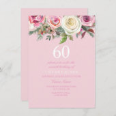 Roze Rose Floral 60th Birthday Invite Kaart (Voorkant / Achterkant)