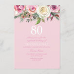 Roze Rose Floral 80th Birthday Invite Kaart<br><div class="desc">Roze Rose Floral 80th Birthday Noteer een prachtig elegant ontwerp voor florale waterverf Volledig  / op maat gemaakt</div>