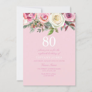 Roze Rose Floral 80th Birthday Invite Kaart