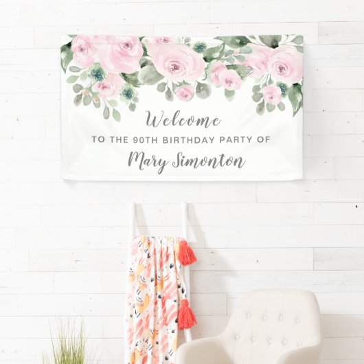 Roze Rose Floral 90th Birthday Party Welcome Spandoek (Insitu)