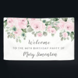 Roze Rose Floral 90th Birthday Party Welcome Spandoek<br><div class="desc">Mooie rozen creëer,  een verbluffende 90ste verjaardagsfeestje,  welkomstbanner. Een prachtige opstelling van roze rozen samen met aangezette wijnstokken en bladeren maken het tot een zeer modern bloemontwerp. Het heeft een beetje een Boho Chic-vibe,  vanwege de gevaarlijke wijnstokken en bladeren.</div>