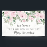 Roze Rose Floral 90th Birthday Party Welcome Spandoek<br><div class="desc">Mooie rozen creëer,  een verbluffende 90ste verjaardagsfeestje,  welkomstbanner. Een prachtige opstelling van roze rozen samen met aangezette wijnstokken en bladeren maken het tot een zeer modern bloemontwerp. Het heeft een beetje een Boho Chic-vibe,  vanwege de gevaarlijke wijnstokken en bladeren.</div>