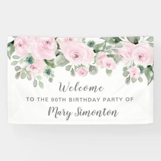 Roze Rose Floral 90th Birthday Party Welcome Spandoek (Horizontaal)