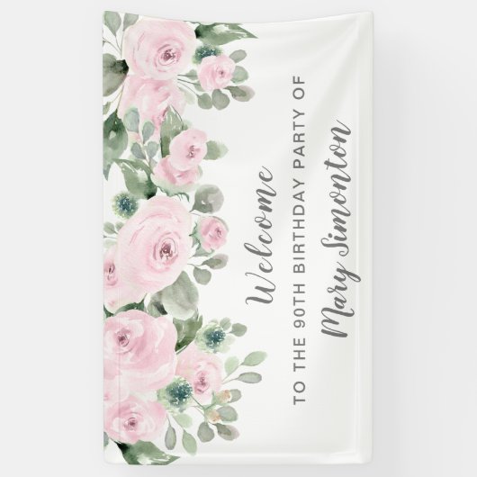 Roze Rose Floral 90th Birthday Party Welcome Spandoek (Verticaal)