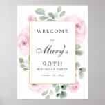 Roze Rose Floral 90th Birthday Welkomstteken Poster<br><div class="desc">Welkom gasten op je 90ste verjaardagsfeestje met dit elegante,  stoffige,  wazige,  roze en eucalyptus welkomstteken. Uw welkomstverklaring wordt omringd door een dun gouden lijst. Zachte zure groene eucalyptusbladeren en grote roze rozen versieren het.</div>