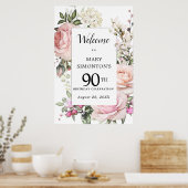 Roze Rose Floral 90th Birthday Welkomstteken Poster (Keuken)
