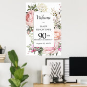 Roze Rose Floral 90th Birthday Welkomstteken Poster (Thuiskantoor)