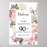 Roze Rose Floral 90th Birthday Welkomstteken Poster<br><div class="desc">Elegant roze rozen creëer een  floreel lijst om je 90e verjaardag details te omringen.</div>