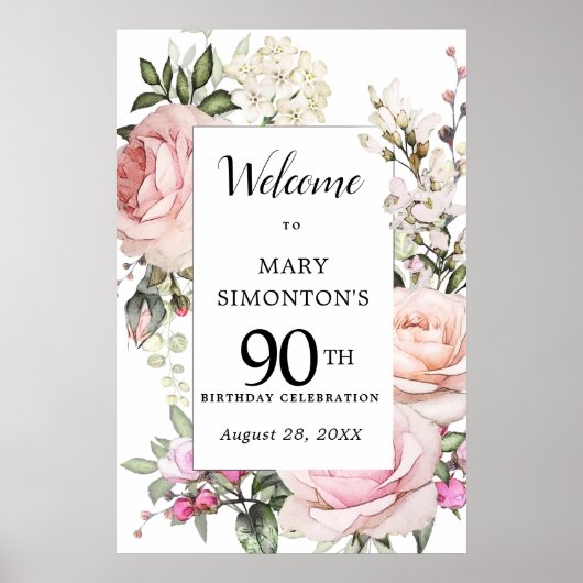 Roze Rose Floral 90th Birthday Welkomstteken Poster (Voorkant)