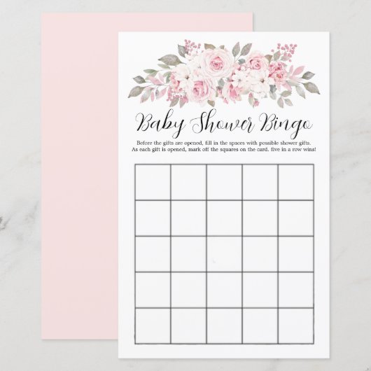Roze Rose Floral Baby shower Bingo Game (Voorkant / Achterkant)