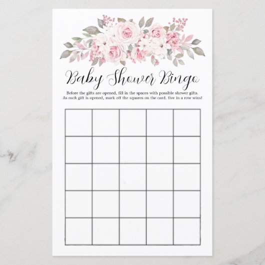Roze Rose Floral Baby shower Bingo Game (Voorkant)