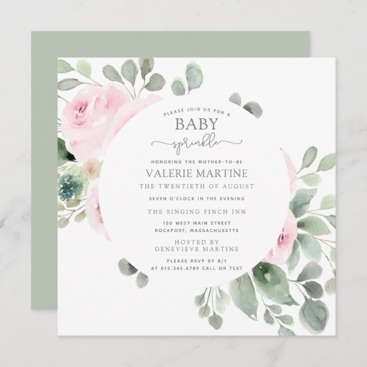 Roze Rose Floral Baby Sprinkle Invitation Kaart (Voorkant / Achterkant)