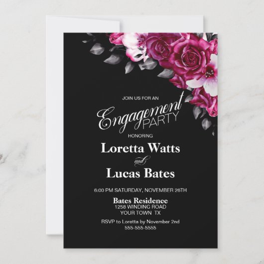 Roze Rose Floral Black Engagement Party Foto Kaart (Voorkant)