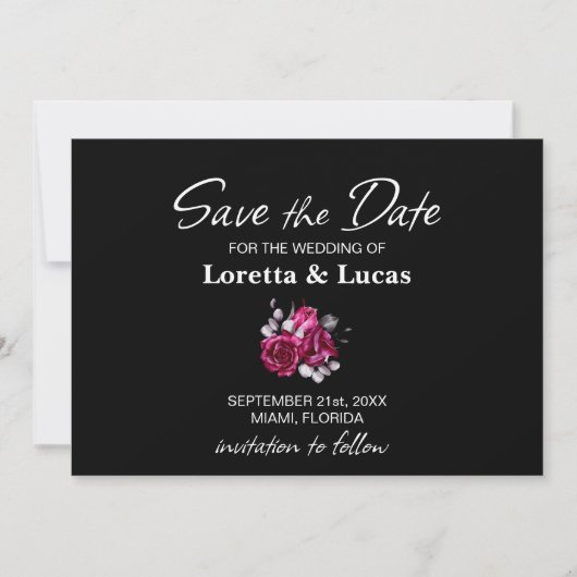 Roze Rose Floral Black Wedding Save the Date (Voorkant)