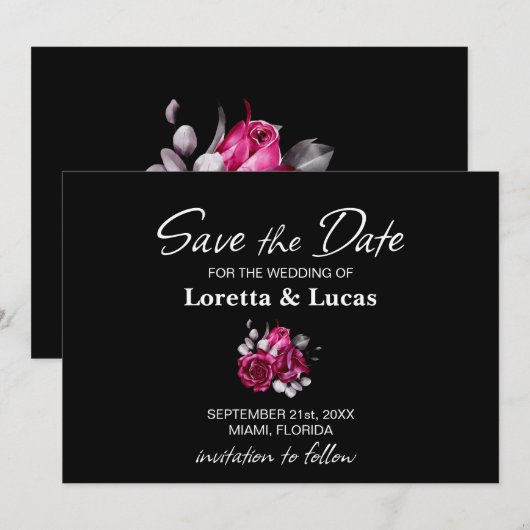 Roze Rose Floral Black Wedding Save the Date (Voorkant / Achterkant)