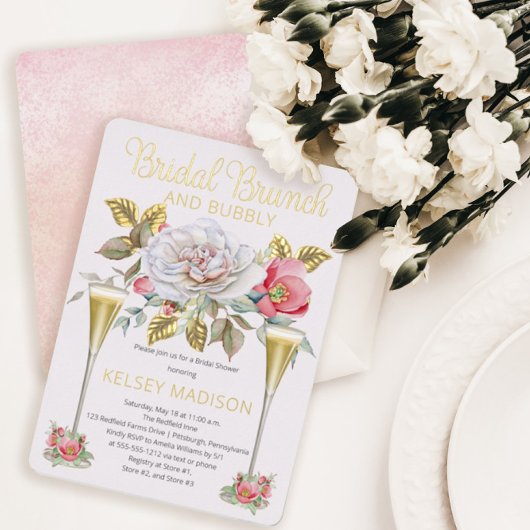 Roze Rose Floral Blooms Bridal Brunch en Bubble Folie Uitnodiging