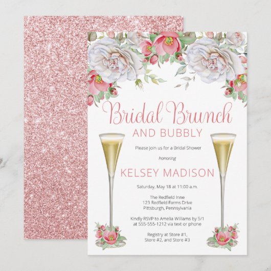 Roze Rose Floral Blooms Bridal Brunch en Bubble I Kaart (Voorkant / Achterkant)