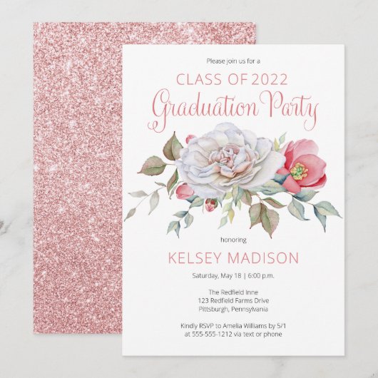 Roze Rose Floral Blooms Graduation Party Kaart (Voorkant / Achterkant)