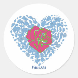Roze Rose Floral Blue Heart Valentijnsdag Aangepas Ronde Sticker