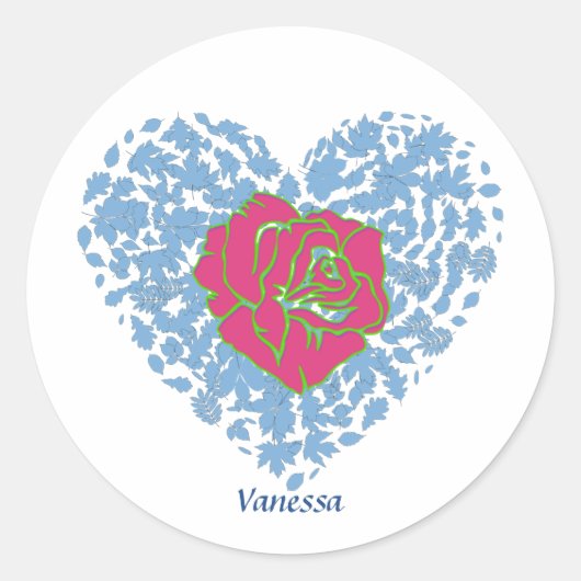 Roze Rose Floral Blue Heart Valentijnsdag Aangepas Ronde Sticker (Voorkant)