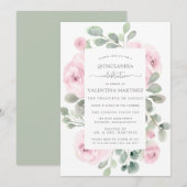 Roze Rose Floral Botanical Quinceanera Invitation Kaart (Voorkant / Achterkant)