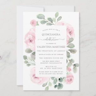 Roze Rose Floral Botanical Quinceanera Invitation Kaart
