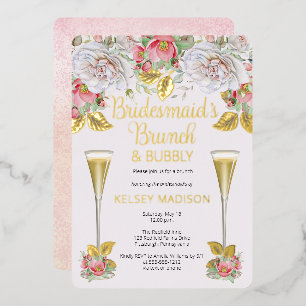 Roze Rose Floral Bridesmaids Brunch en Bubble Folie Uitnodiging