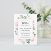 Roze Rose Floral Eucalyptus 100e verjaardag Uitnodiging Briefkaart (Staand voorkant)