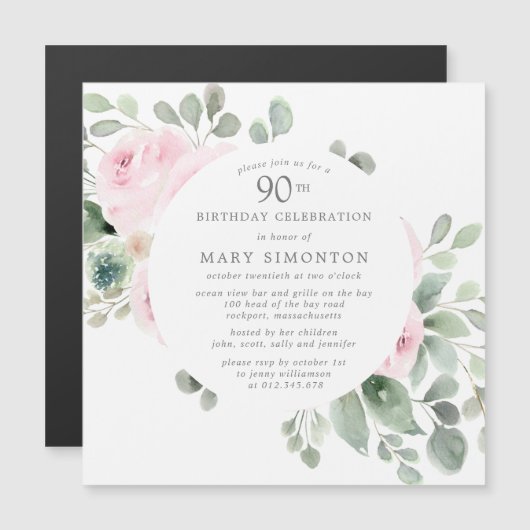 Roze Rose Floral Eucalyptus 90th Birthday Party Magnetische Uitnodiging (Voorkant / Achterkant)