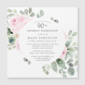 Roze Rose Floral Eucalyptus 90th Birthday Party Magnetische Uitnodiging (Voorkant)