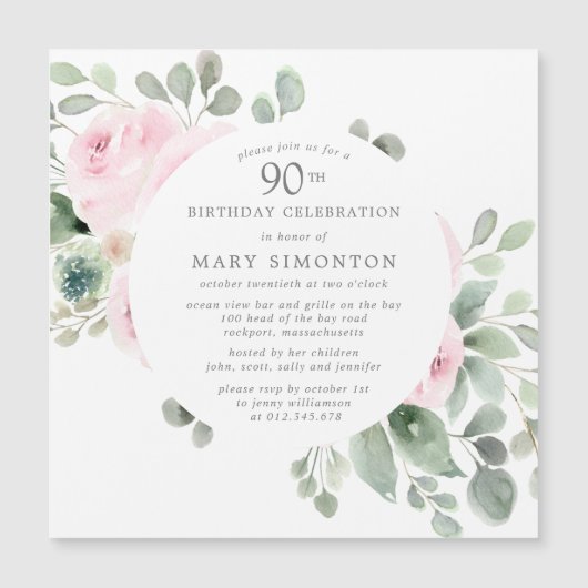 Roze Rose Floral Eucalyptus 90th Birthday Party Magnetische Uitnodiging (Voorkant)