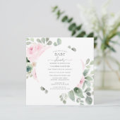 Roze Rose Floral Eucalyptus Baby shower Kaart (Staand voorkant)