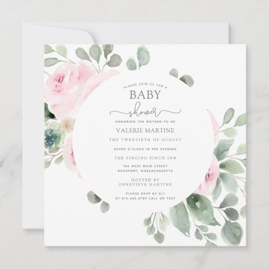 Roze Rose Floral Eucalyptus Baby shower Kaart (Voorkant)