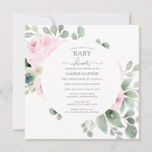 Roze Rose Floral Eucalyptus Baby shower Kaart