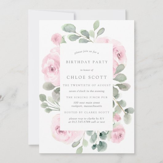 Roze Rose Floral Eucalyptus Birthday Uitnodiging (Voorkant)